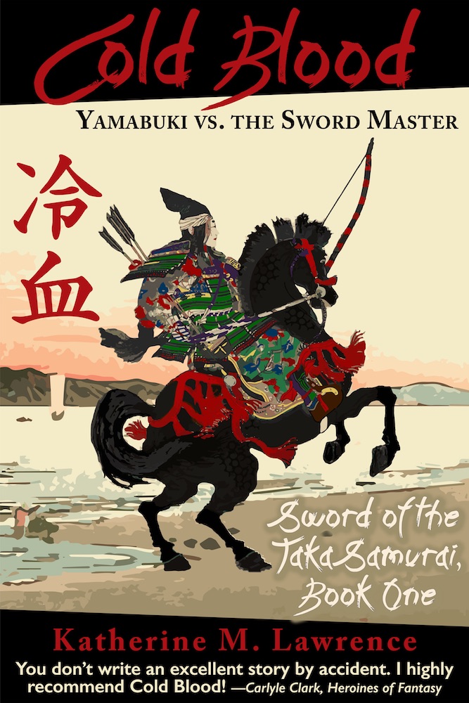 A woman samurai in armor on a horse rearing up, with title COLD BLOOD