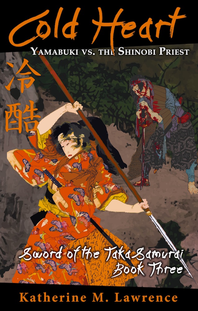 Woman samurai in orange kimono with naginata