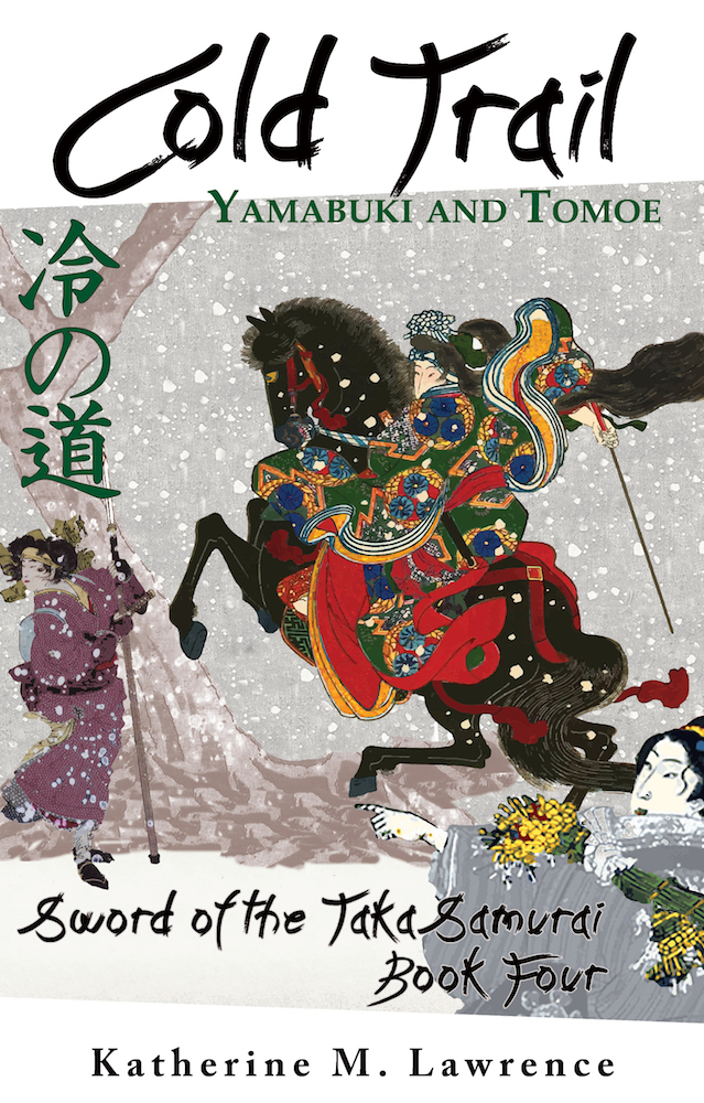 Woman samurai on horse in snowstorm, with title COLD TRAIL